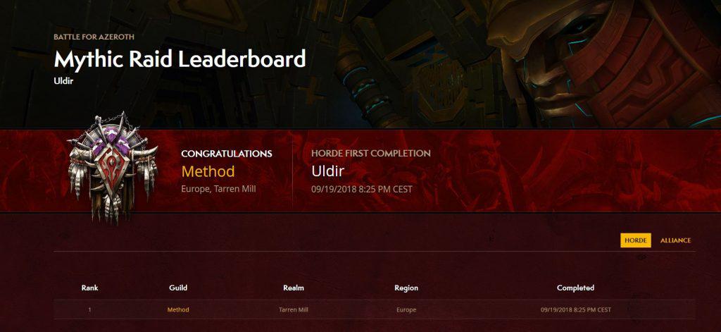 WOW raid leaderbaord uldir method world first