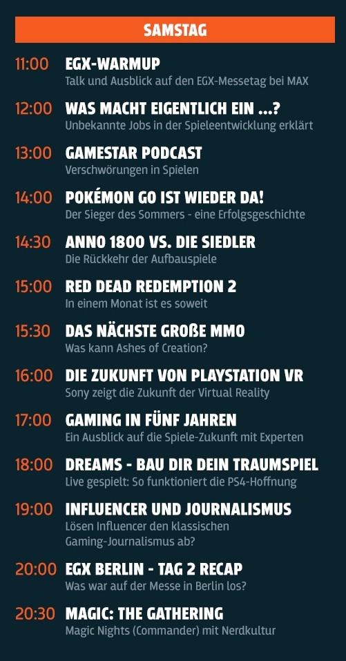 egx max streaming samstag schedule